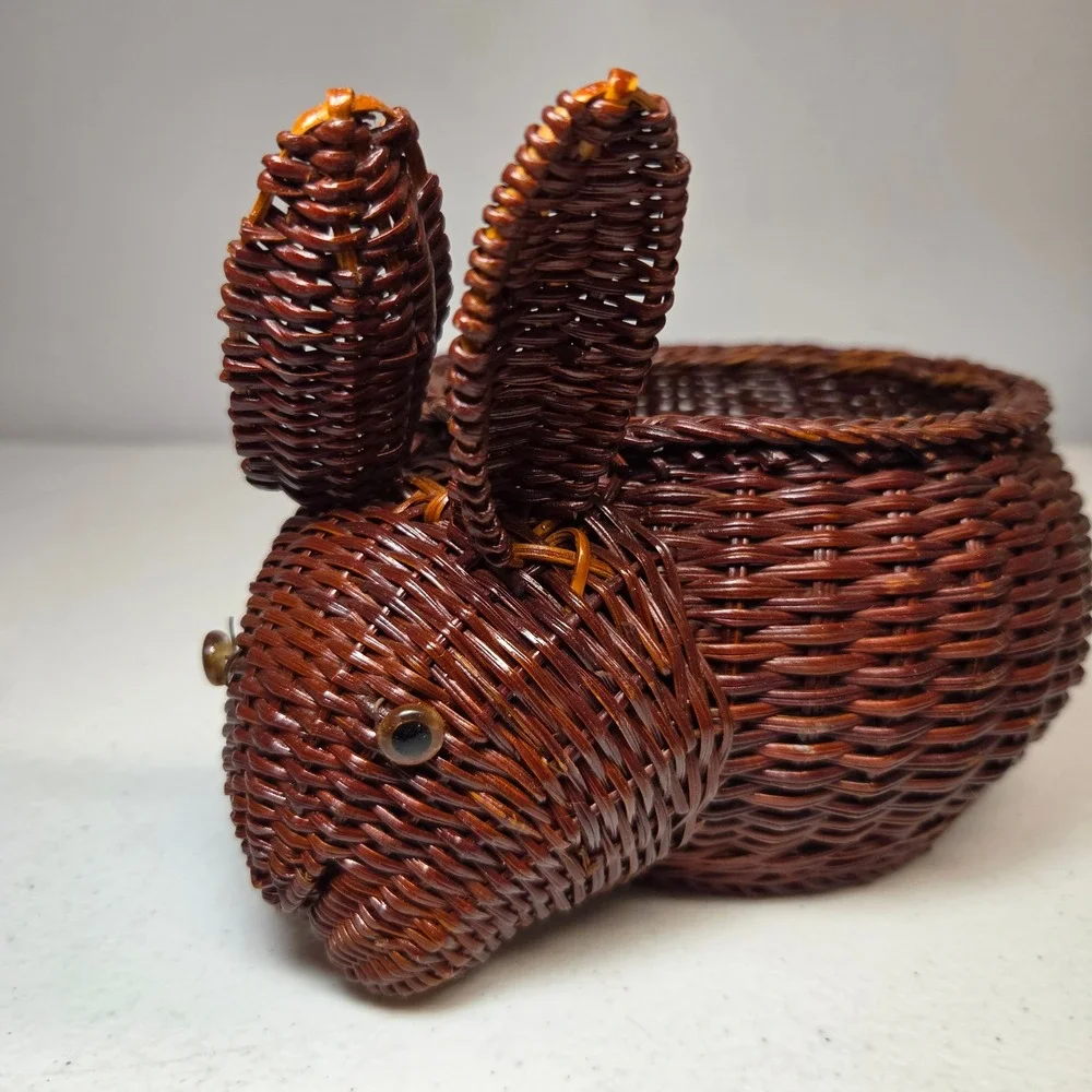 Bunny Rabbit Wicker Basket Easter‎ Plant Pot Holder Dark Brown Woven 7 Inch